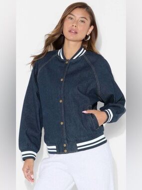 Denim Varsity Jacket with Striped Trim - Dark Blue